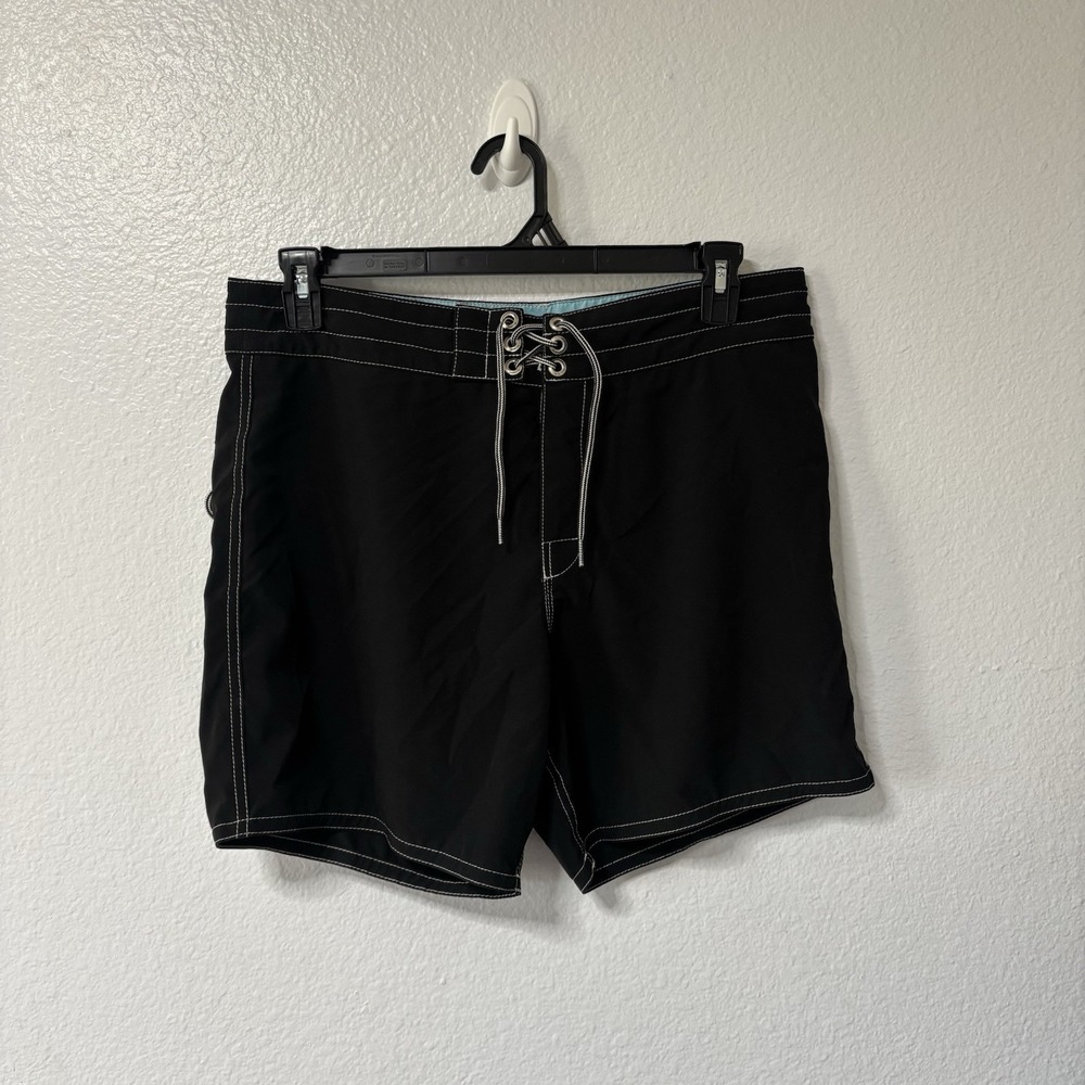Birdwell Beach Britches Mens Black Blue Board Shorts Size 34 Made in USA Surf